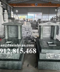 Mẫu mộ đôi, chụp mộ đôi không bốc đá granite xanh rêu 1 mái đơn giản đẹp bán toàn quốc