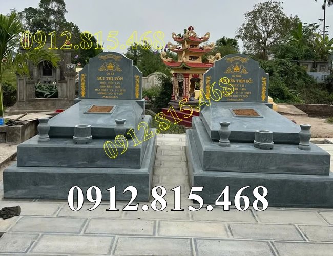 Mộ đôi đá xanh rêu nguyên khối đơn giản, hiện đại bán tại Thái Nguyên - Mẫu mộ đá đẹp tại Thái Nguyên