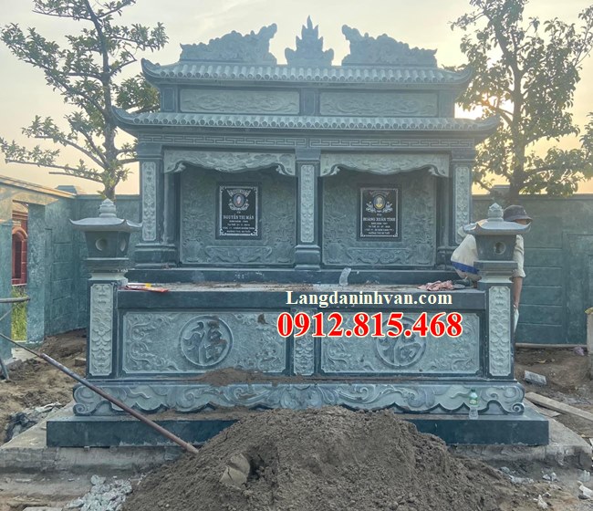 Mẫu mộ đôi, nhà mồ song thân xây bằng đá granite xanh rêu đẹp bán tại Vĩnh Long
