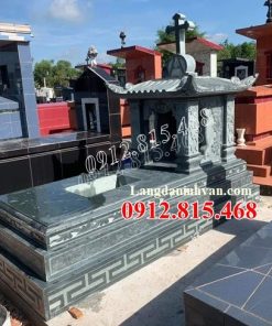 Mẫu mộ công giáo, mộ đạo thiên chúa đá xanh rêu thiết kế 1 mái, 1 đạo đẹp bán tại Bình Định