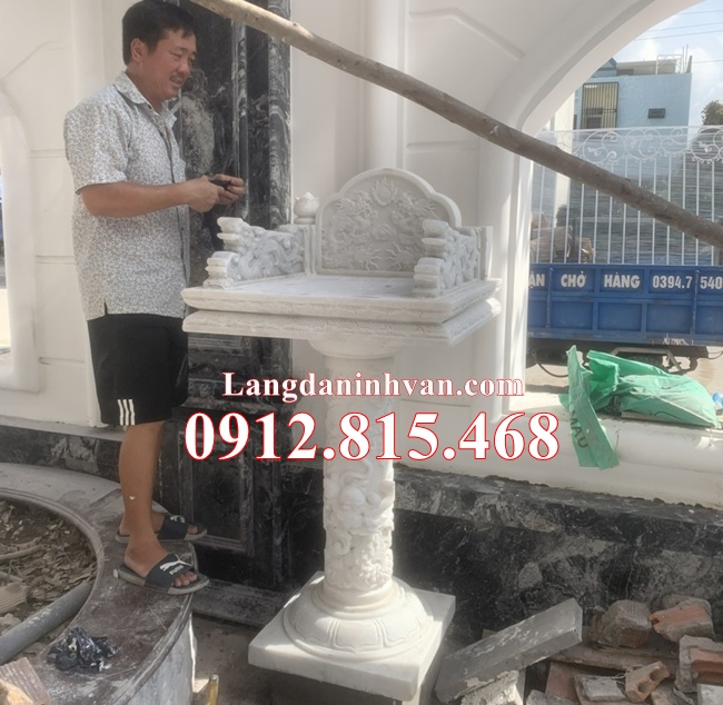 Mẫu bàn thờ thiên đá trắng cột tròn không mái trạm rồng đẹp bán tại Thành Phố Hồ Chí Minh, Sài Gòn