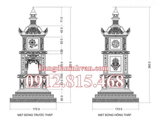 Bản vẽ thiết kế kích thước xây tháp, mộ tháp, tháp mộ, bảo tháp, tháp lăng mộ chuẩn phong thủy